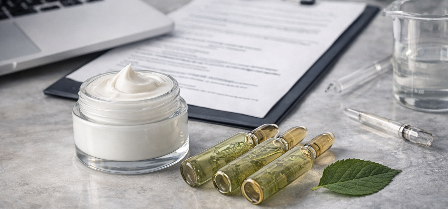 Prodotto cosmetico private label: crema in barattolo e documenti normativi per la produzione cosmetica in conto terzi.